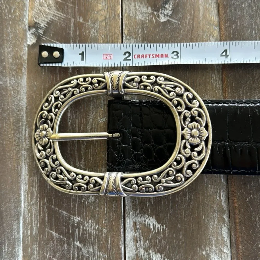 Croc Embossed Black Leather Belt Oval Ornate Silver Tone Buckle Women’s Size XL